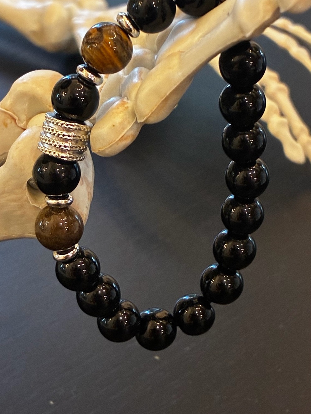 Men’s Black & Brown Beaded Stretch Bracelet with Silver Accents 18.5cms-19.5cms